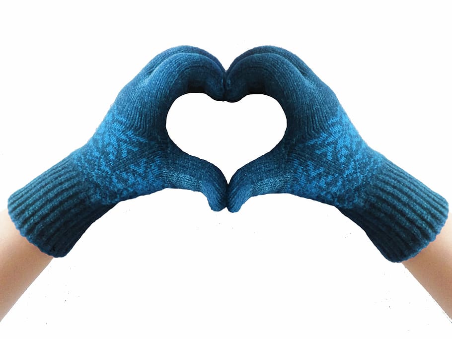 person, forming, hand heart gesture, gloves, heart, blue, winter, knit, love, heart Shape