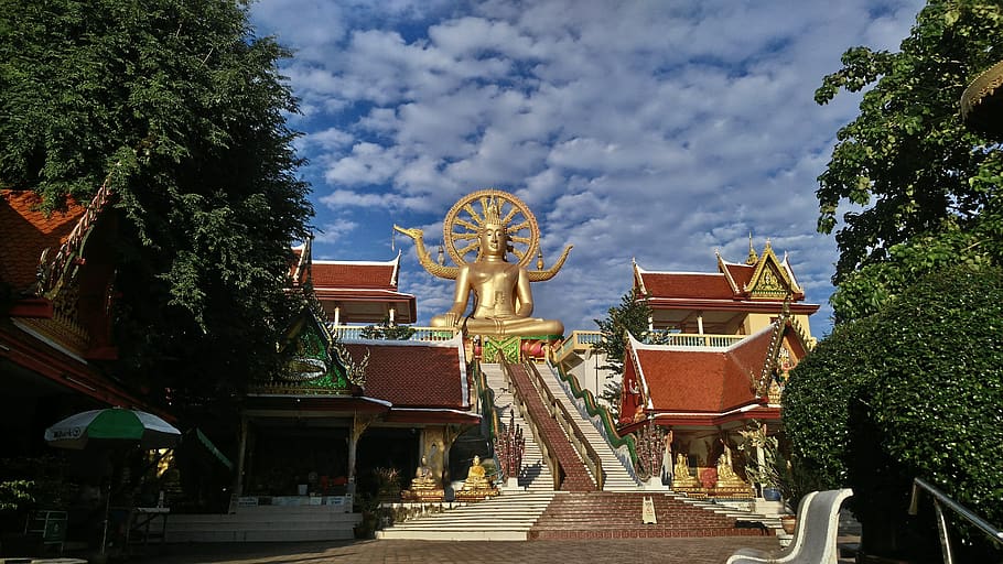 big buddha temple, koh samui, thailand, sky, built structure, sculpture, architecture, cloud - sky, art and craft, representation