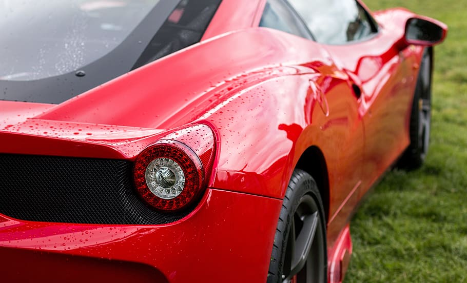 red, ferrari 458 italia coupe, green, field, car, supercar, automobile, design, automotive, auto