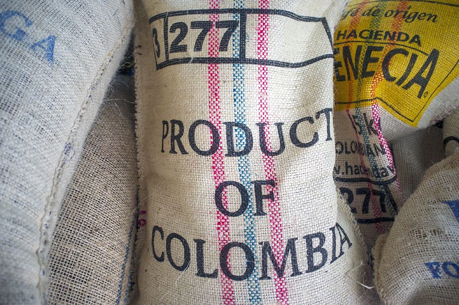 knitted sack lot, coffee, beans, sack, burlap, colombia, bag, coffee bean, fresh, coffee farm