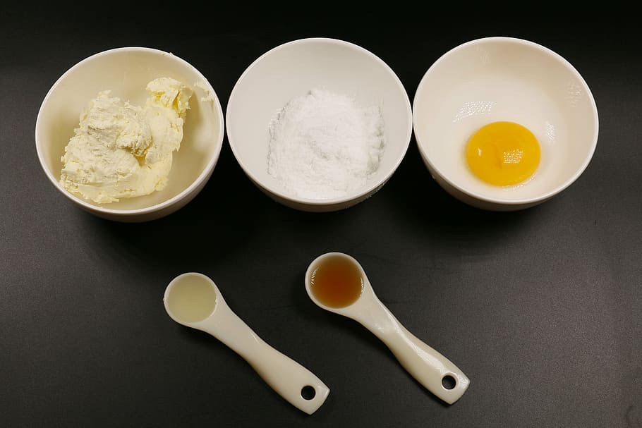 three, white, ceramic, bowls, rice, eggs, egg, flour, sugar, baking ingredients
