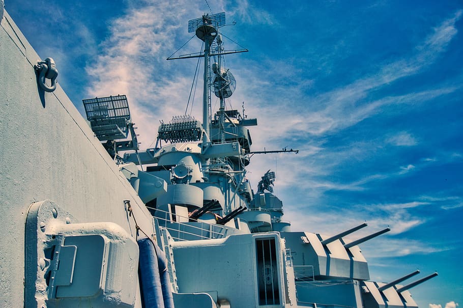 buque de guerra, cañón, histórico, barco, guerra, océano, armado, armada, coloso, nubes