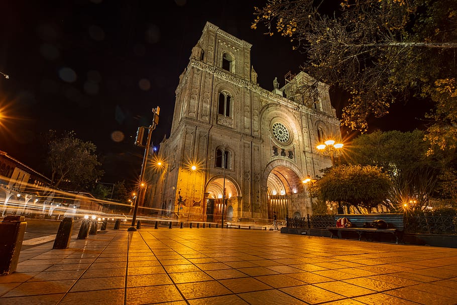 Katedral cuenca, malam, malam lembah, ekuador, penerangan, katedral, Arsitektur, diterangi, struktur yang dibangun, eksterior bangunan