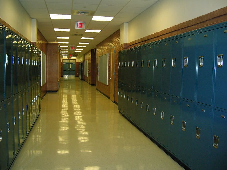 blue, lockers, hallway, school, high school, education, locker, indoors, hall, students