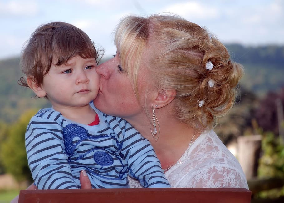 woman, kissing, boy, blue, striped, shirt, kiss, mother and child, affection, love