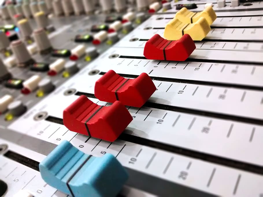 selective, focus photography, white, blue, red, control panel, audio console, music, electronics, audio