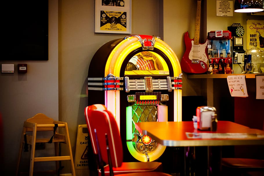black, white, jukebox, whitby, jumping jack's, vintage, indoors, absence, chair, seat