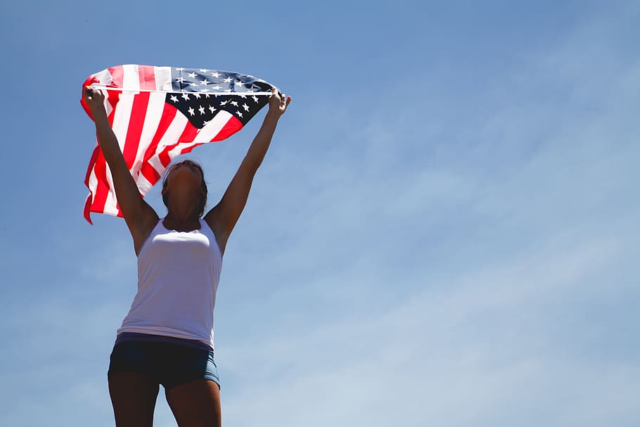 bendera, wanita, orang, angkat, awan, langit, bangga, amerika serikat, kita, bintang