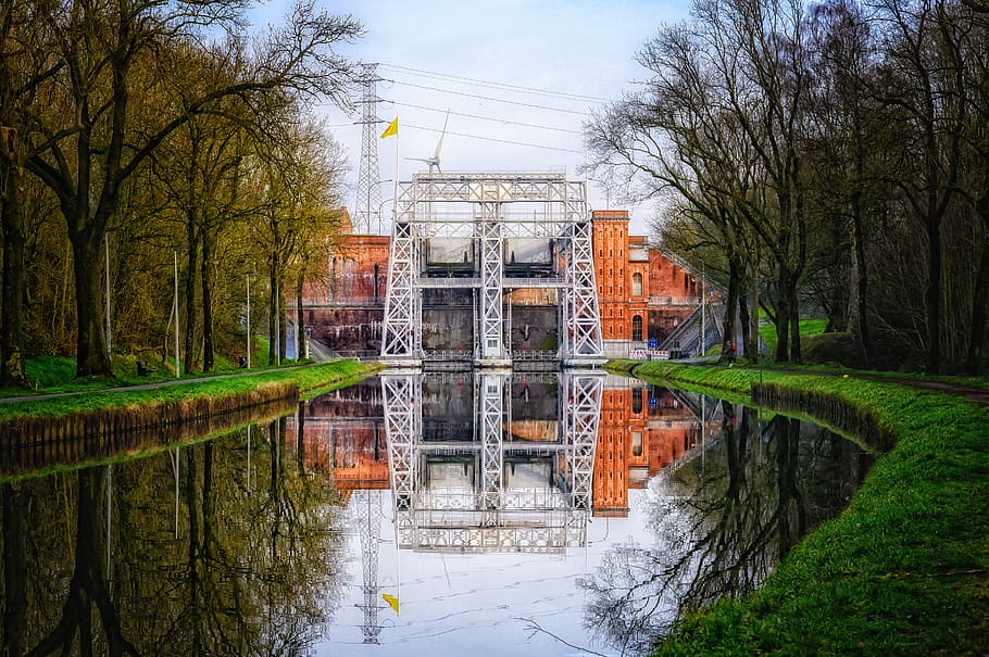boat lift, lock, channel, shipping, waterway, architecture, building, historically, charleroi, belgium