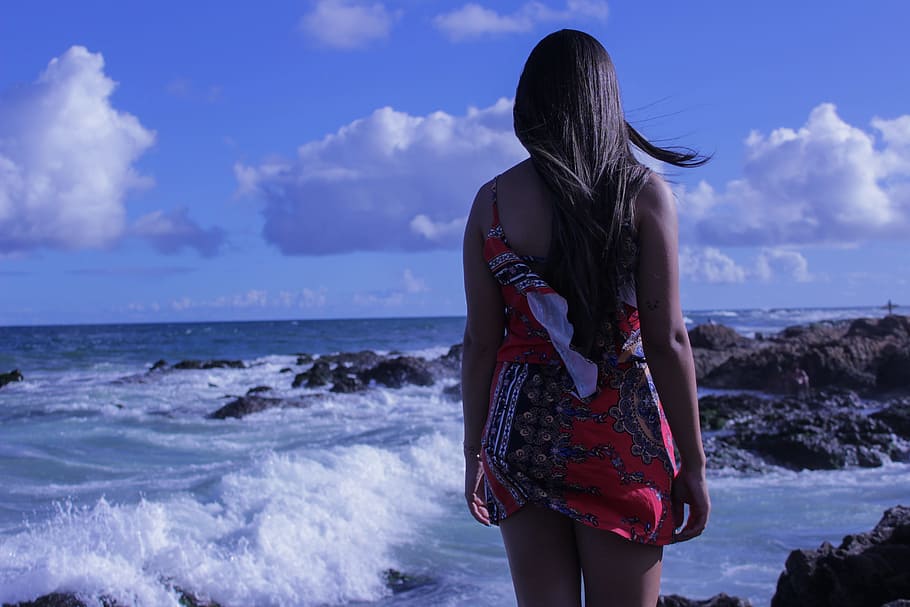woman, red, mini dress, standing, sea, daytime, girl, beach, love, landscape