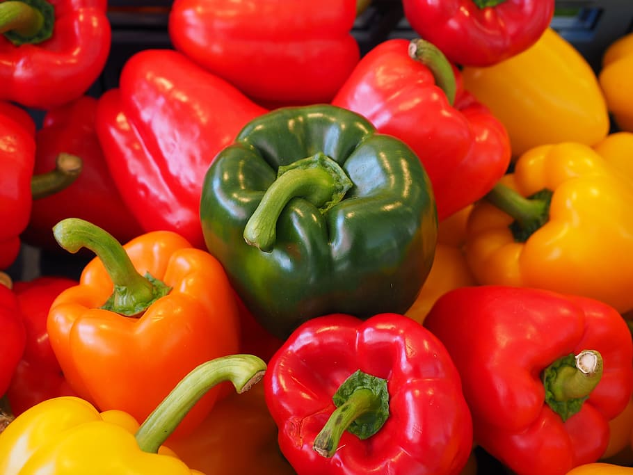close-up photo, red, yellow, green, bill peppers, Sweet Peppers, Paprika, Orange, gün, healthy