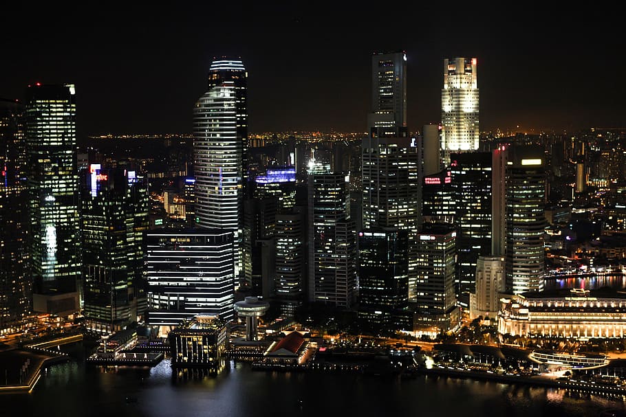 nighttime, city, at night, lights, skyline, big city, skyscraper, asia, architecture, singapore