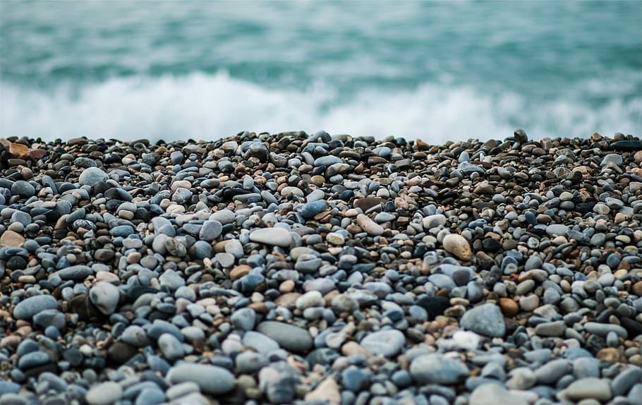 gray, black, stones, body, water, black stones, body of water, beach, blue, sea