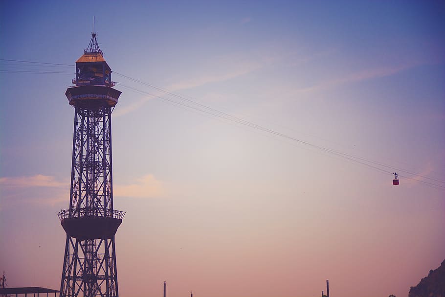 gray, tower, cable wire, cable, transporter, gondola, lift, sunset, sky, dusk