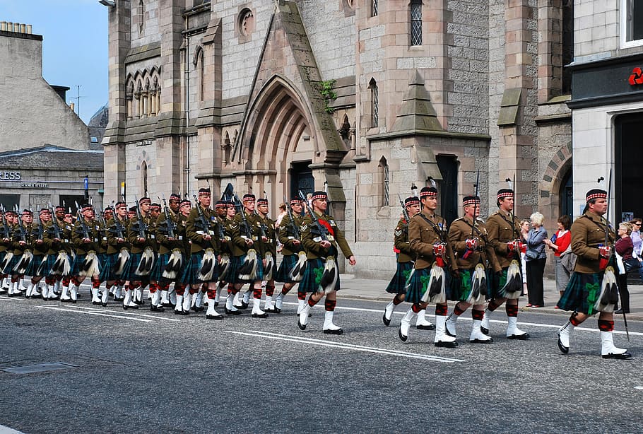 parade pengawal kerajaan, britania raya, skotlandia, aberdeen, aberdeenshire, union street, tentara, bersenjata, pasukan, veteran