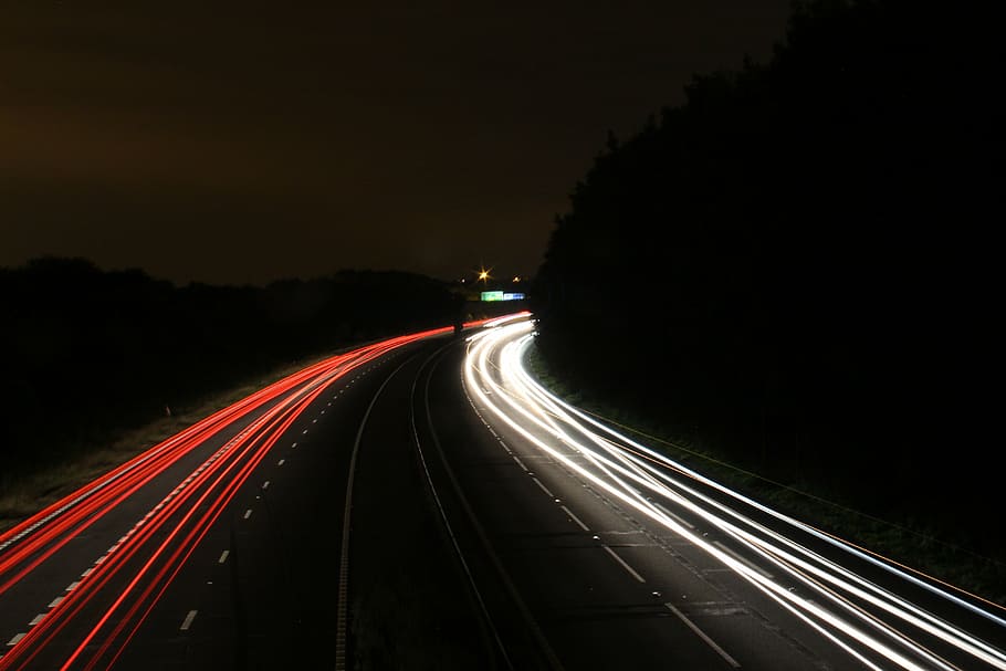 luzes, noite, auto-estrada, desfoque, movimento, transporte, tráfego, velocidade, trilha clara, estrada