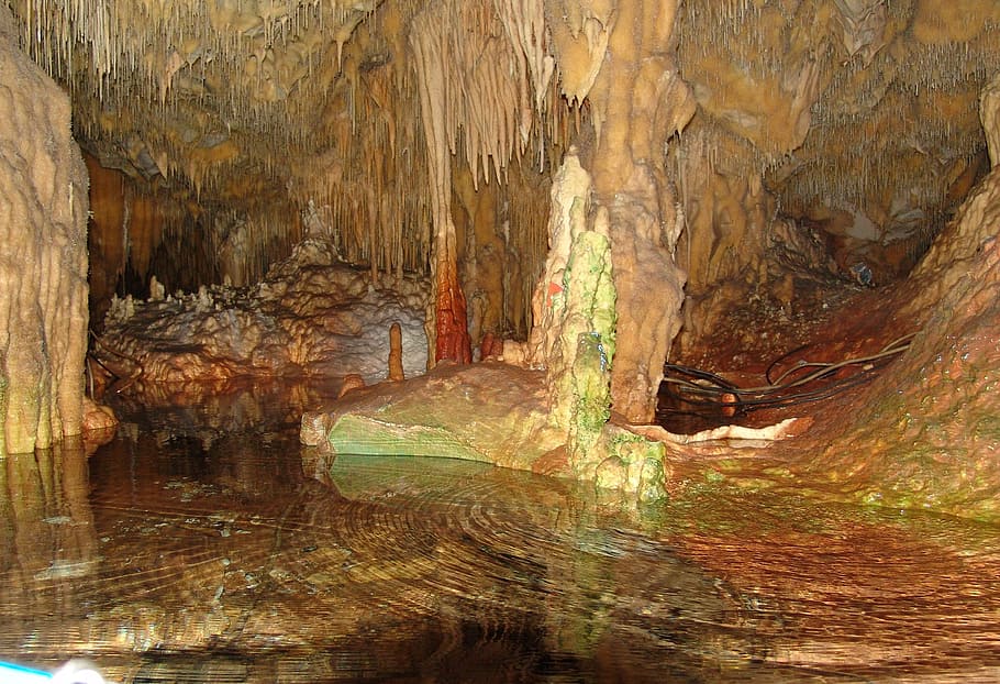 cave interior, hellas, dirou, grotto, cave, mystical, stalactite cave, illuminated, reflection, stalactites