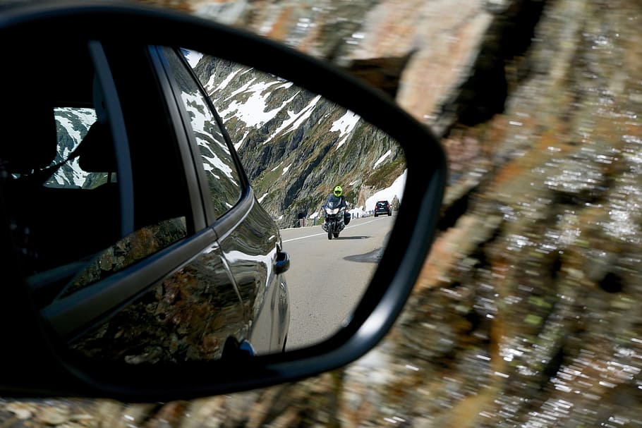 rear mirror, tracker, motorcyclist, alpine road, reflection, side-view mirror, transportation, motor vehicle, land vehicle, mode of transportation