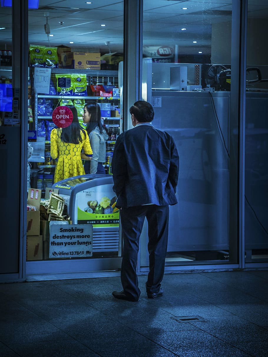 man, standing, outside, store, people, old, elderly, grocery, convenience, men