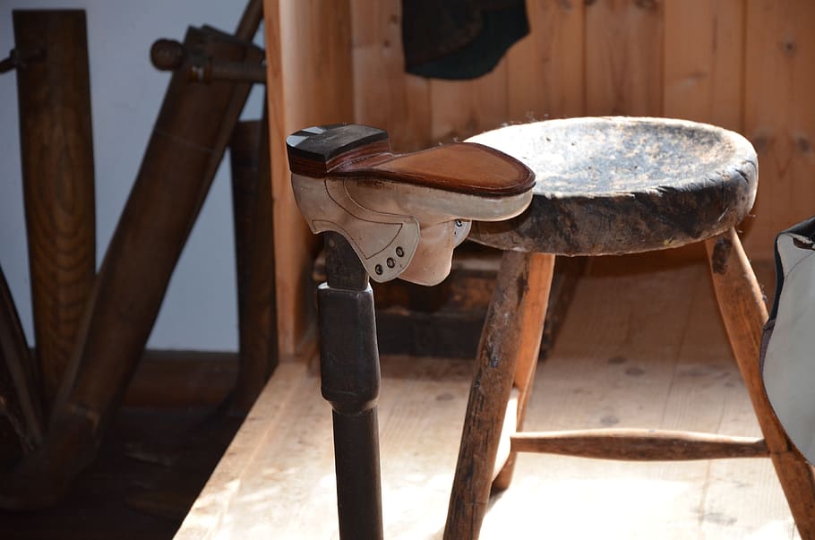 craft, shoemaker, shoe, museum, sole, wood - material, indoors, seat, metal, day
