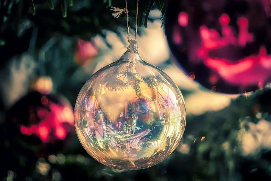 christmas decorations, glass ball, christmas, decoration, christmas time, light, christmas motif, deco, transparent, focus on foreground