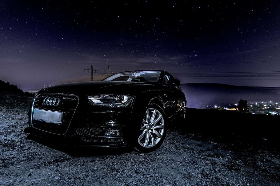 black, audi vehicle, dirt road, cities, nighttime, audi, a4, star, outdoor, nature