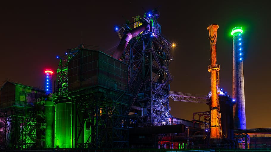 multicolored, lighted, duisburg plant, Duisburg, plant, landscape park, factory, ruhr area, industry, industrial park