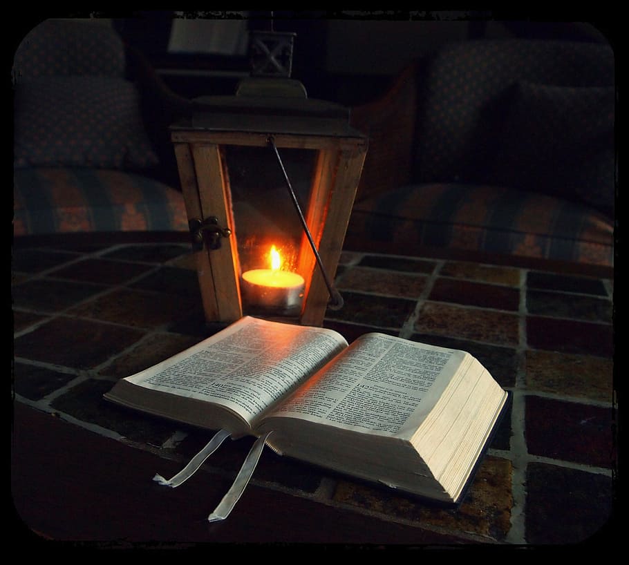 open, book, candle lantern, inside, room, bible, bible reading, lantern, lamp, candle