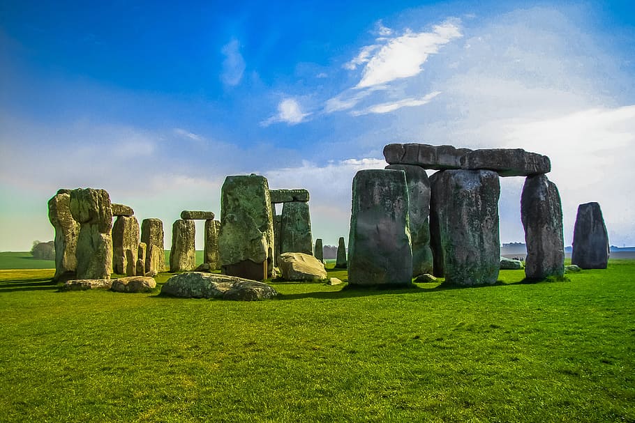 stonehenge, monumen, batu, rumput, langit, masa lalu, kuno, sejarah, awan - langit, alam