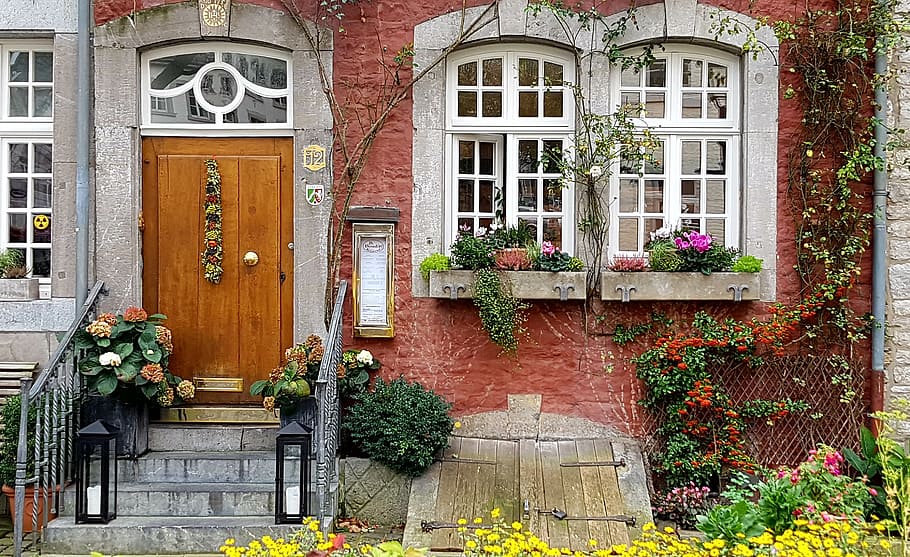 amarillo, flores de pétalos, rojo, edificio, casa, ventana, arquitectura, entrada, puerta, fachada de la casa