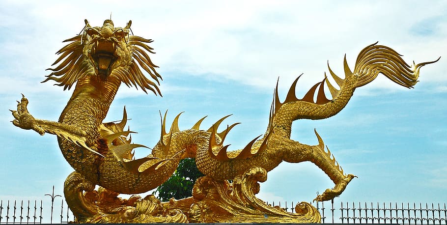 shallow, focus, gold dragon statue, sculpture, dragons, golden, thailand, statue, dragon, asia