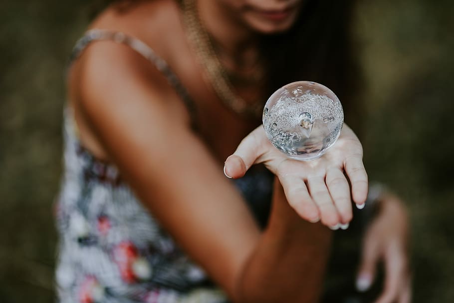 little, crystal ball, Woman, little crystal, female, hands, glass building, femine, outdoors, people