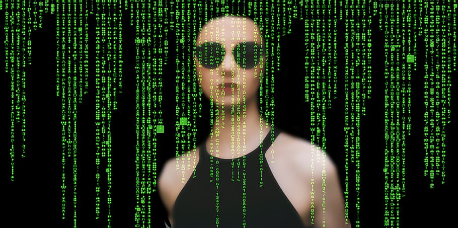 woman, wearing, black, halterneck, top, matrix, communication, software, pc, virus