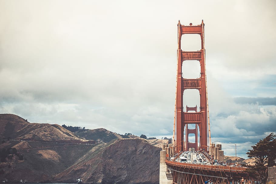 tampilan depan, emas, jembatan gerbang, Depan, Pemandangan, Jembatan Golden Gate, arsitektur, jembatan, california, berawan