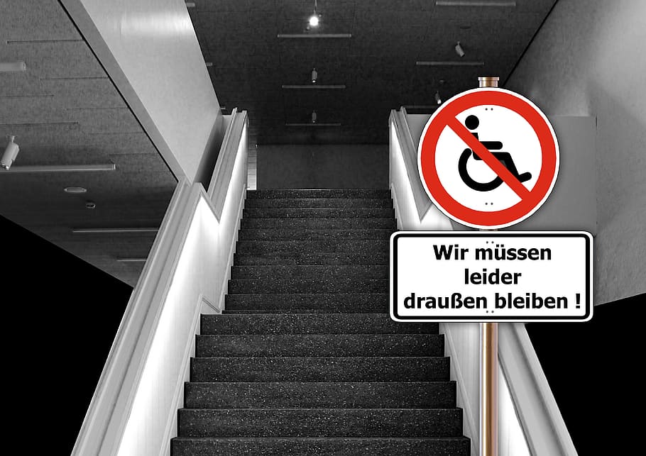 escadas, escudo, proibição, obstáculo, deficiência, acesso, cadeira de rodas, preto, deficiente, logotipo