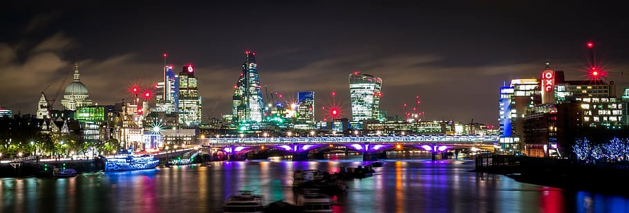 white, black, buildings, body, water, london, night, lights, thames river, panorama
