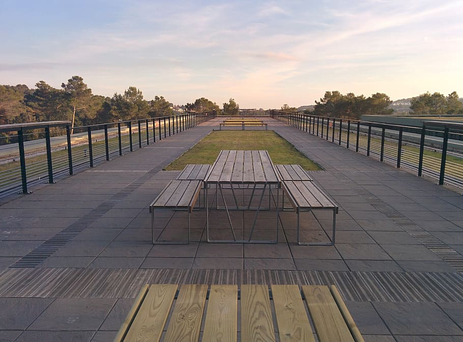 picnic, table, roof, terrace, perspective, nobody, empty, lunch, sky, sunset