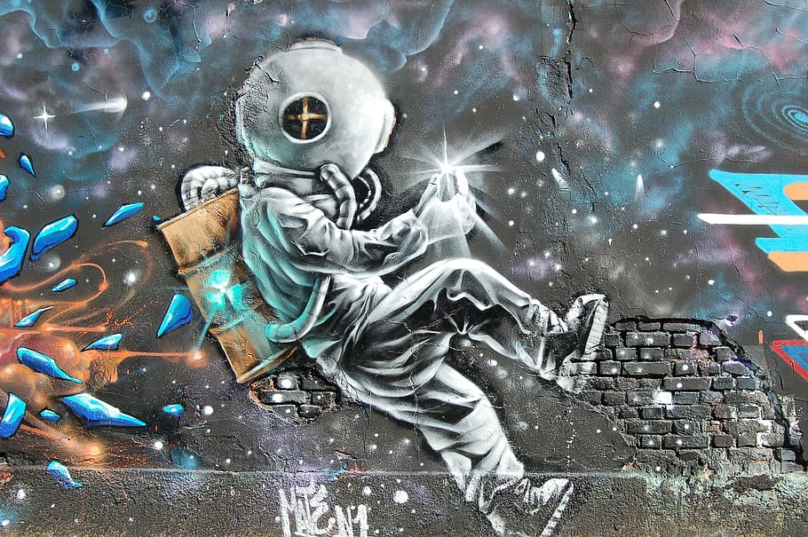 astronaut painting, wall, art, mural, painting, graffiti, public, city, art and craft, night