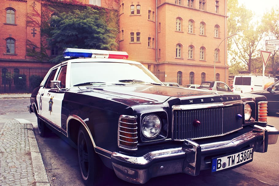 black, white, police car, parking lot, daytime, auto, vehicle, city, berlin, police