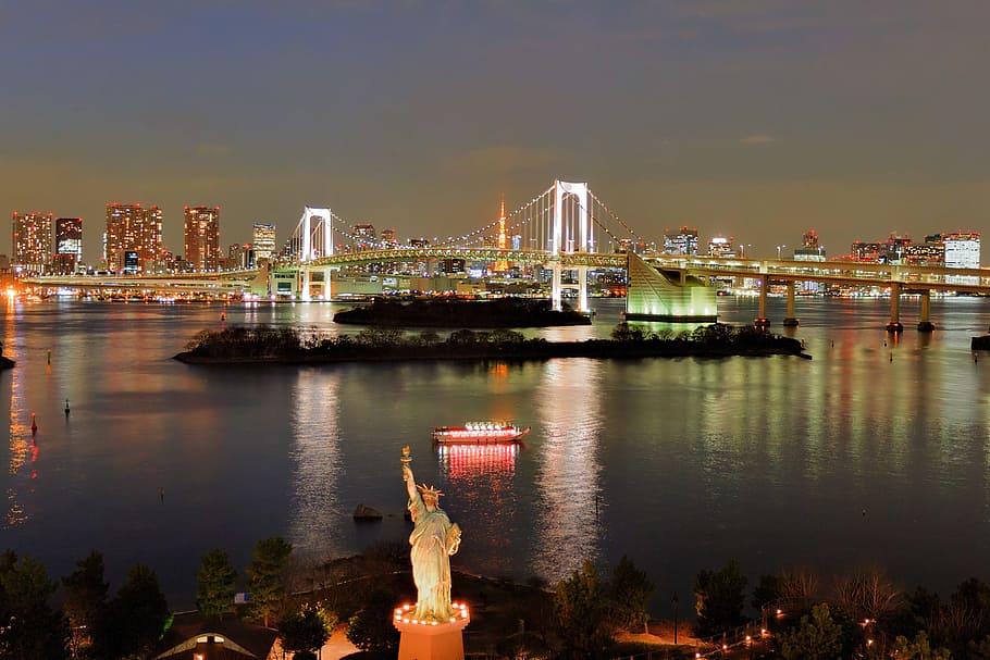 tokyo, jembatan, jembatan pelangi, Jepang, kaki langit, odaiba, patung liberty, dipesan, arsitektur, struktur yang dibangun