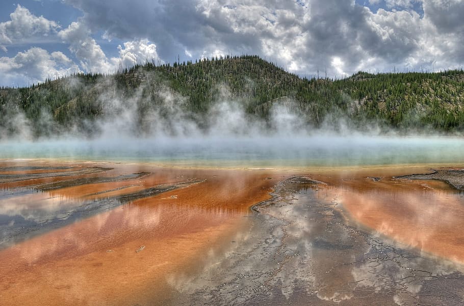 mountain peak, body, water, grand prismatic spring, hot, thermal, nature, volcanic, colorful, outdoors