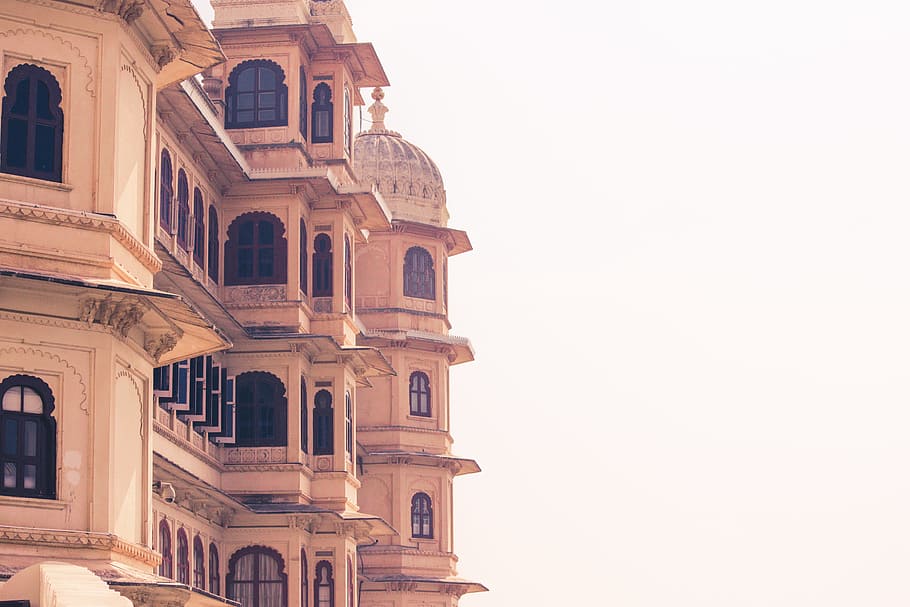 arquitectónico, fotografía, marrón, edificio, palacio, ventanas, udaipur, rajasthan, palacio de la ciudad, viajar