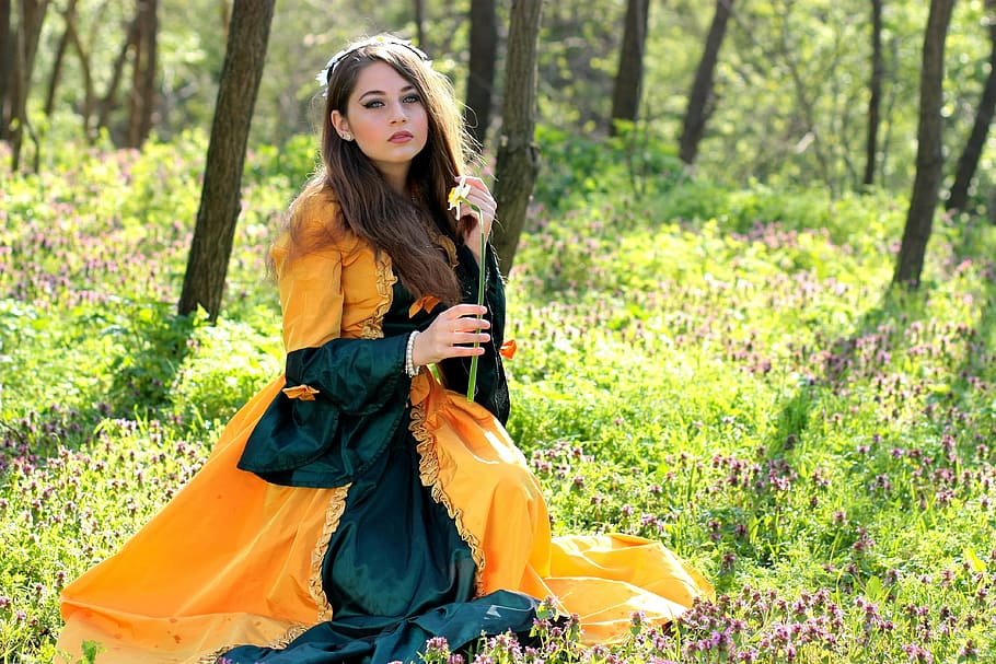 woman, orange, green, long-sleeved, dress, sitting, woods, daytime, girl, princess