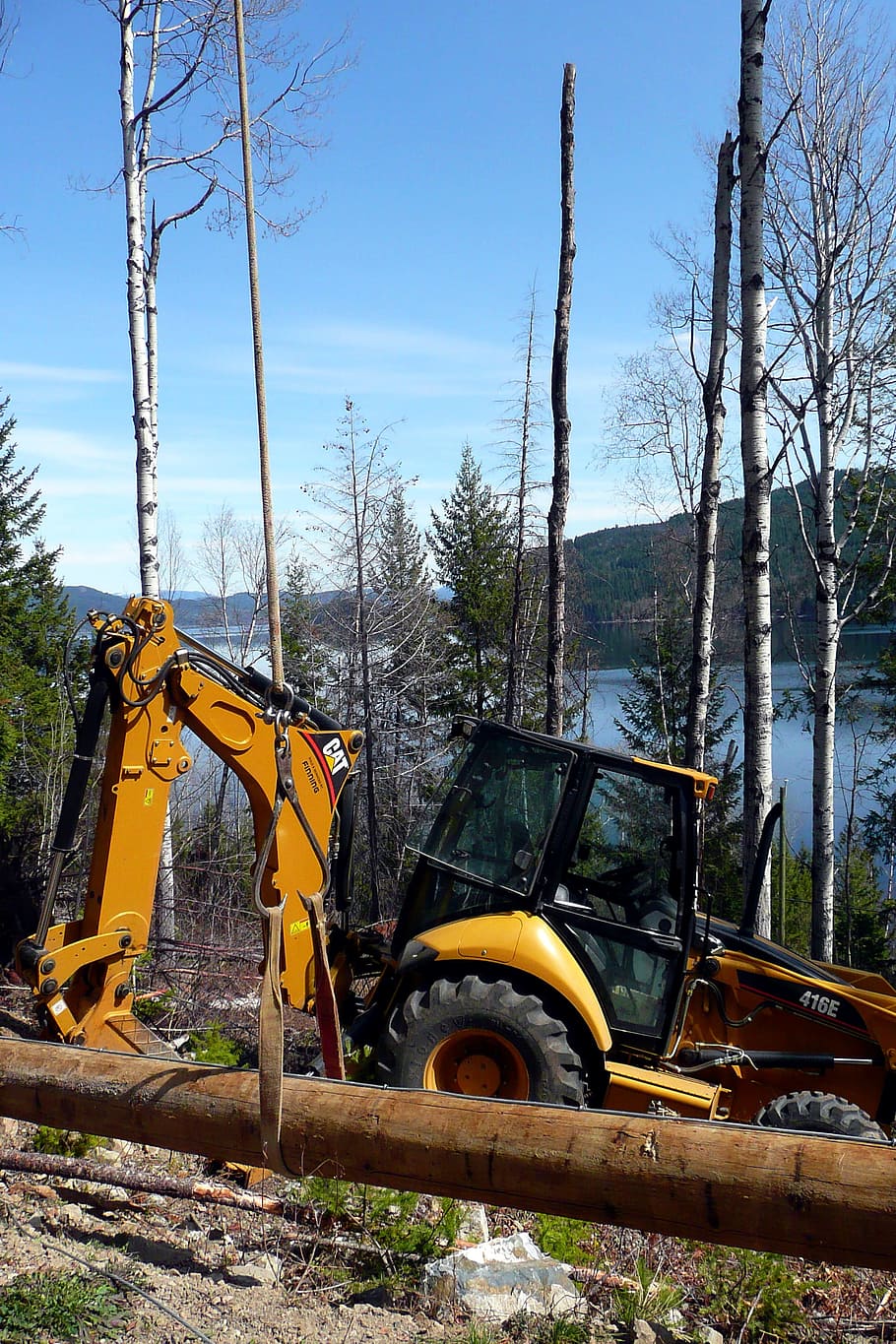 Land Clearing, Forestry, Trees, Backhoe, timber, woods, machine, lake, landscape, construction machinery