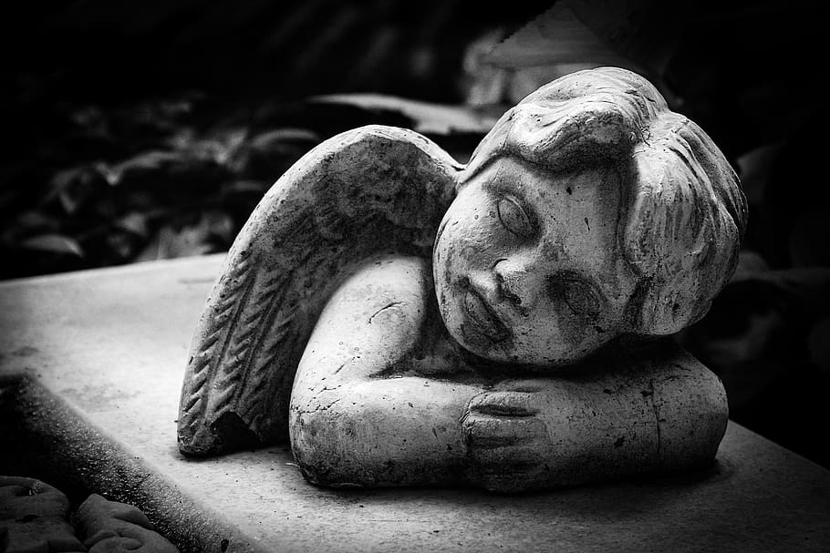 tombstone, grave, angel, cemetery, mourning, sculpture, death, commemorate, black and white, statue