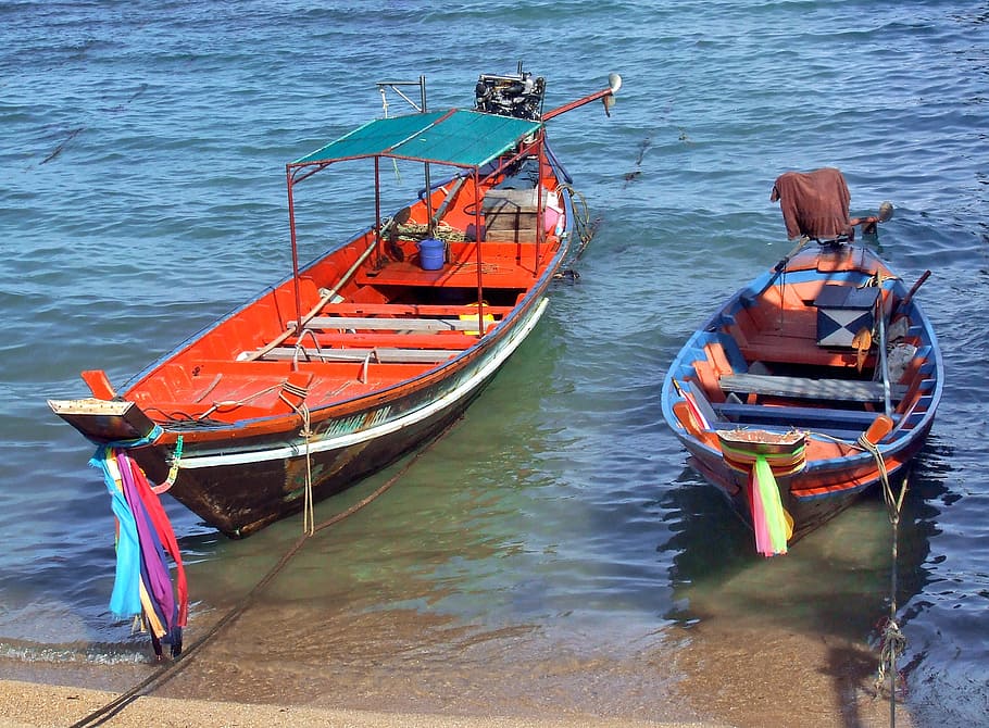 thai, fishing, boats, boat, traditional, longtail, long-tail, koh tao, mae haad, beach