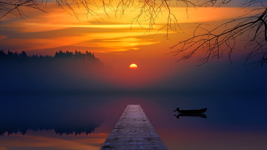río, lago, barco, tranquilo, puesta de sol, naranja, árboles, niebla, amanecer, cielo