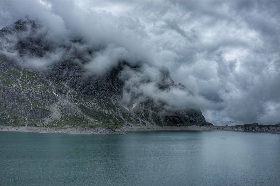 mountain, water, clouds, highland, cloudy, landscape, nature, sea, ocean, lake
