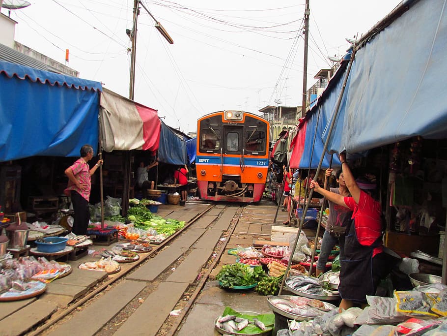 railway market, Railway, Market, Mae Klong River, samut songkhram, thailand, train, selling, people, street