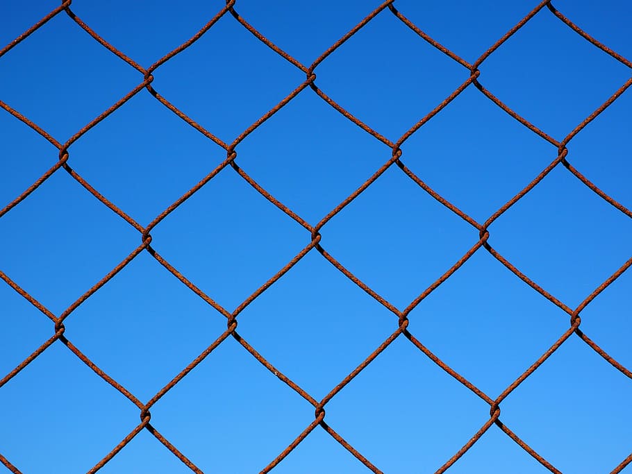 rusted, brown, metal chain link fence, wire mesh, wire mesh fence, fence, diagonal wire mesh fence, rusty, metal, mesh